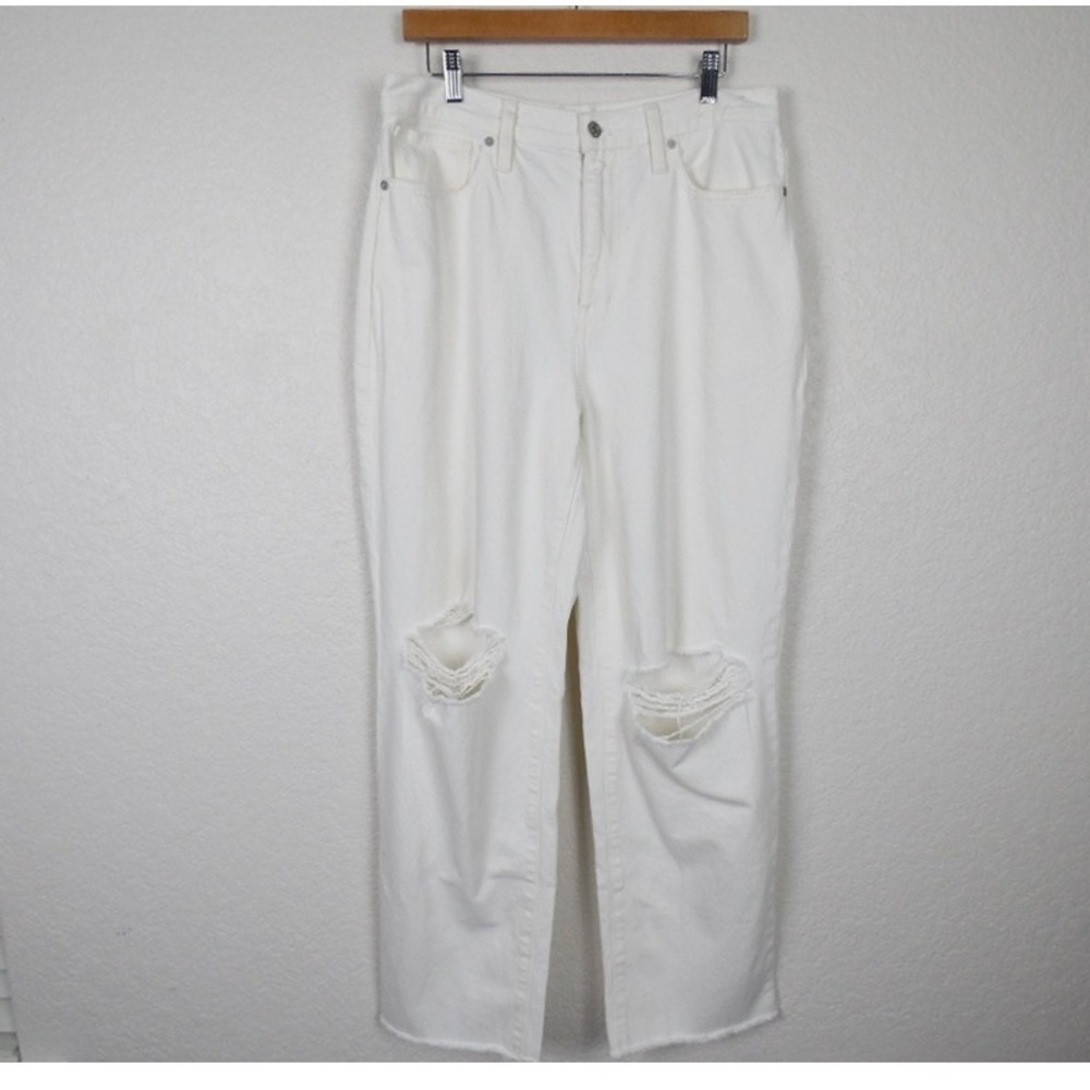 Madewell Baggy Straight Jeans White Distressed Raw Hem Size 30
